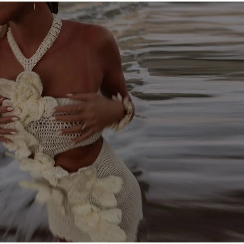 Beach Knit 3D Flower Mini Dress Backless Halter Sundress