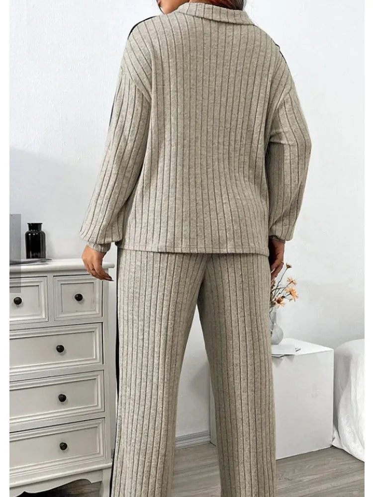 Women Loose Knit Sweater and Wide Leg Pants Two Piece Set with Stripe Color V Neck Design for Autumn and Winter Homewear