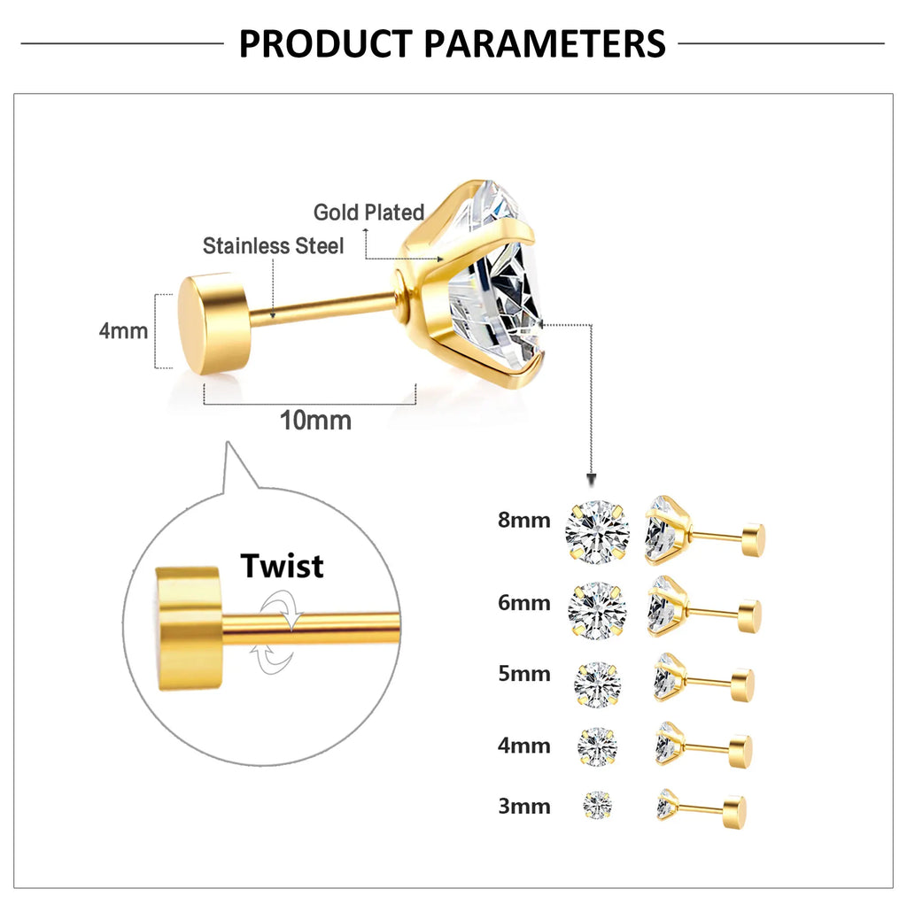 Stainless Steel Crystal Stud Earrings for Men and Women with 4 Prong Round Clear Cubic Zirconia