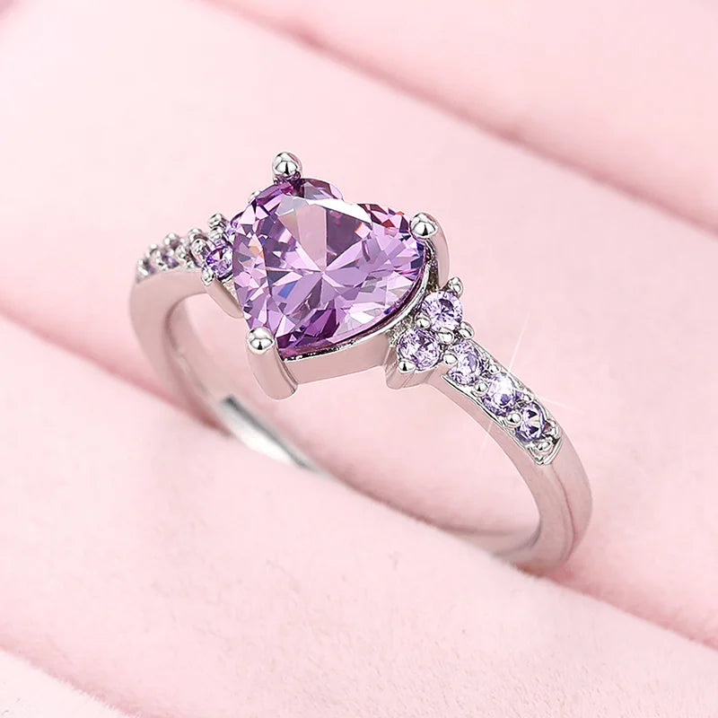 Purple Heart Cubic Zirconia Engagement Ring for Women Unique Wedding Jewelry Romantic Gift