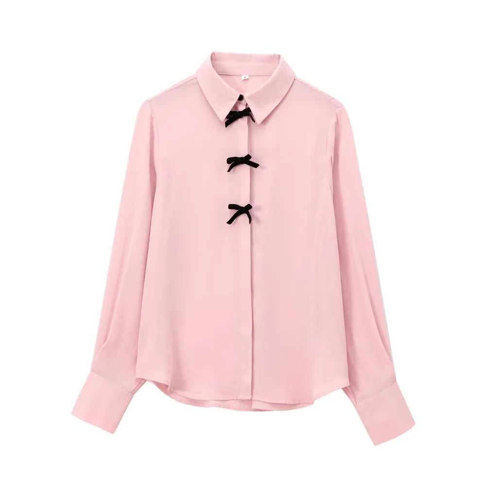 Velvet Bow Accent Single Breasted Flip Collar Long Sleeve Casual Shirt for Women