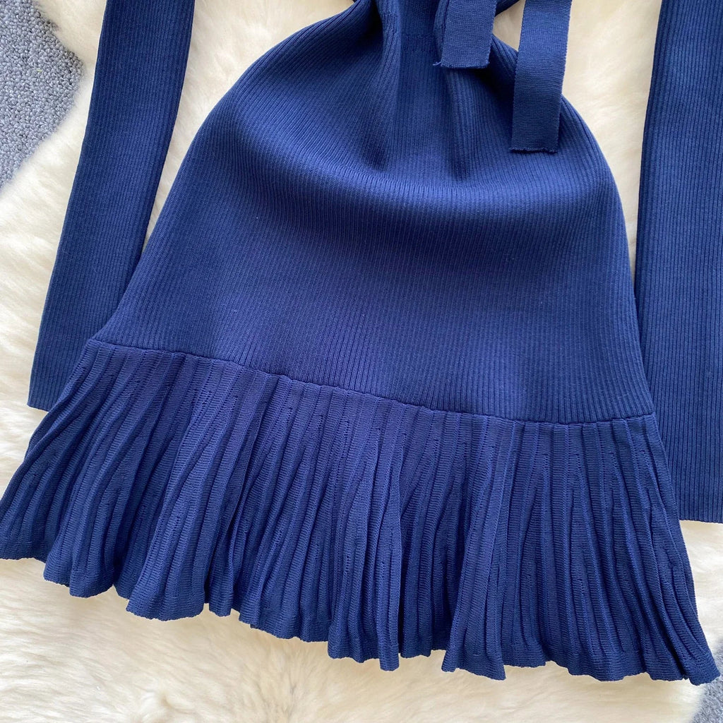 Knitted Short Dress With O Neck Bow Bodycon Chic Style