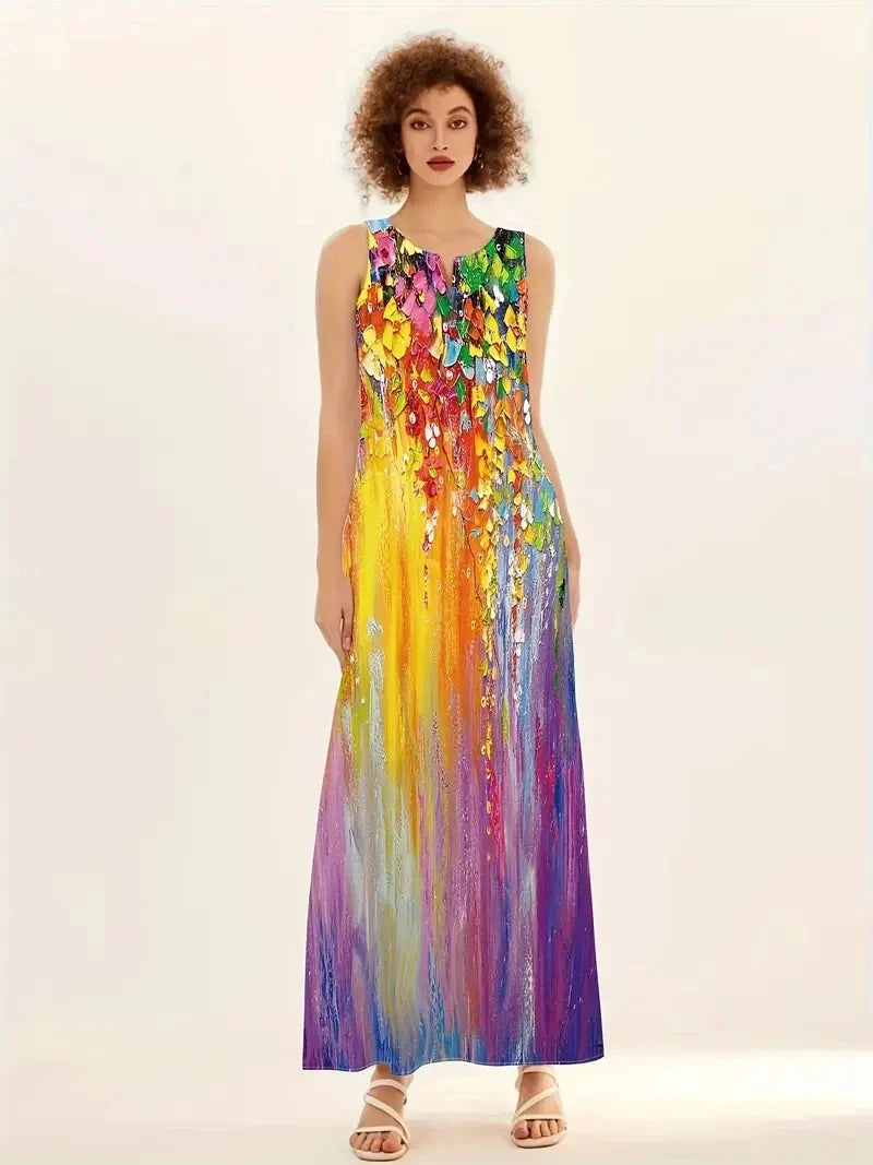 Bohemian Print Sleeveless V Neck Maxi Dress For Summer