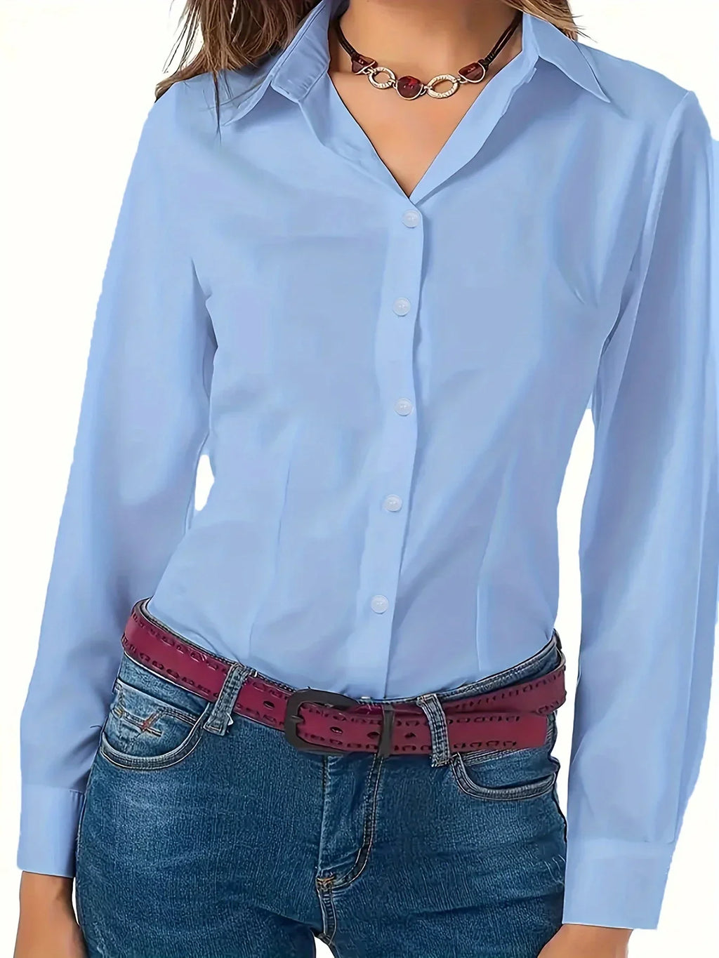 Solid Button Front Shirt Elegant Long Sleeve Lapel Blouse Lightweight Basic Top for Spring and Fall Women's Fashion Office Casual Wear