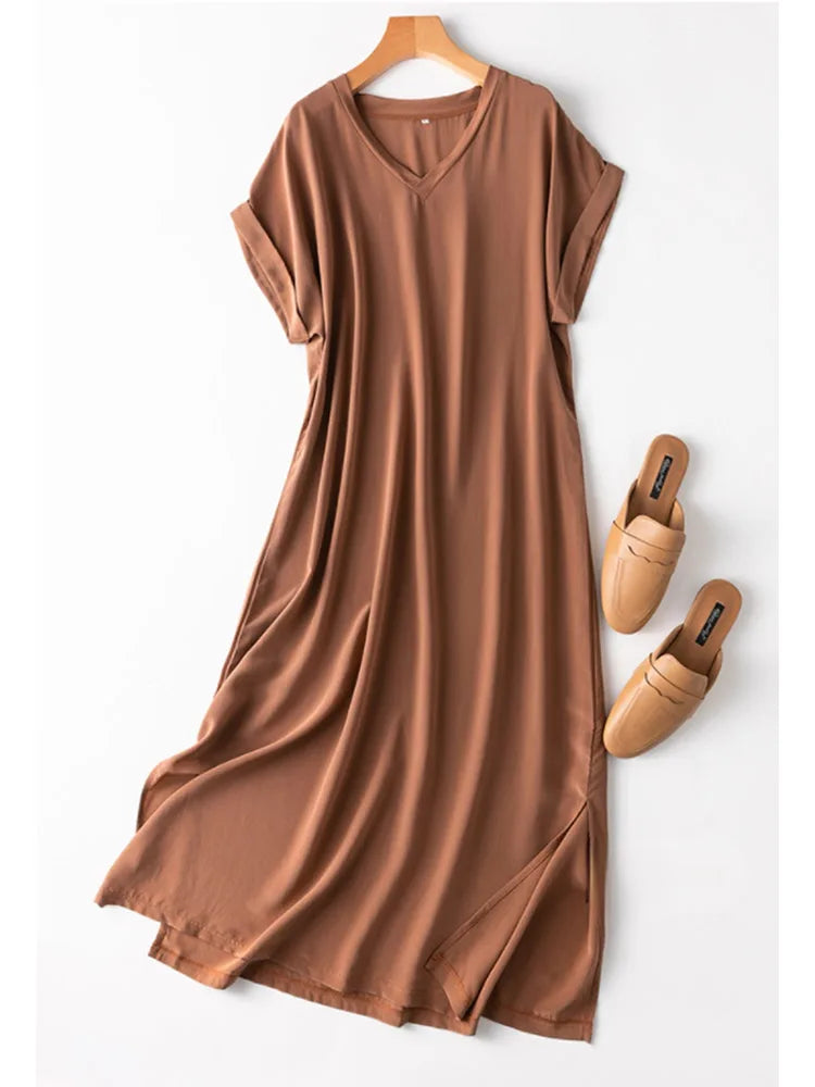 Mulberry Silk 19 Momme Midi Dress With V Neck And Slit