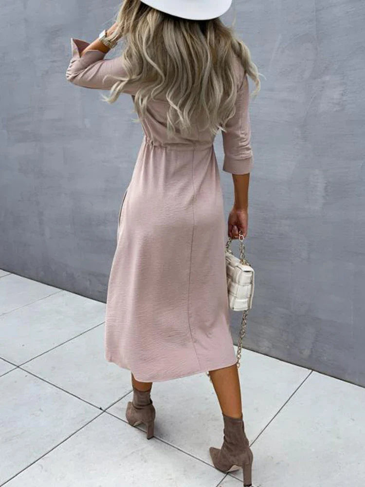 Women's Lace Up Waist Dress Mid Sleeve Aline Solid Color