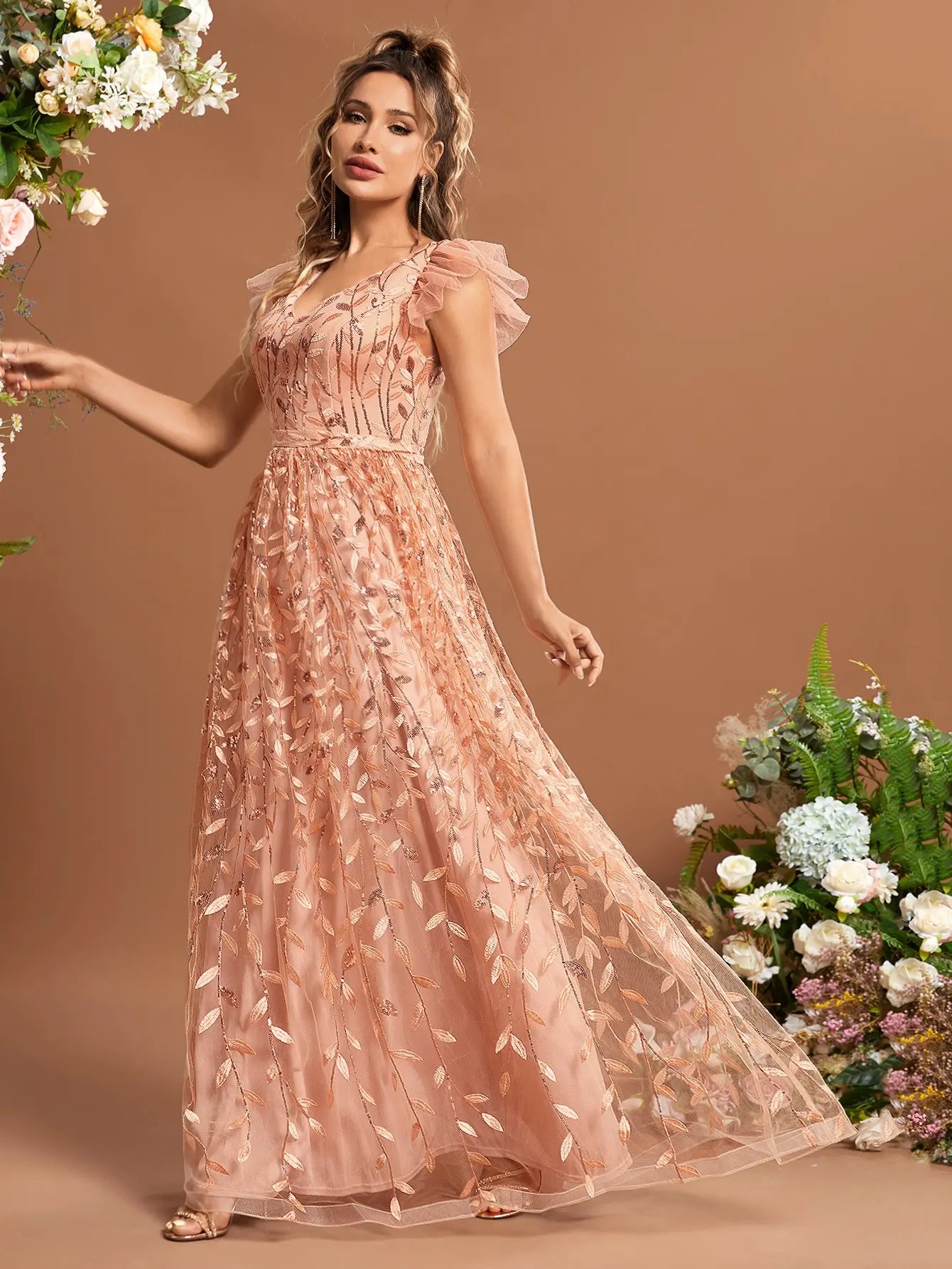 Lace Mesh Evening Gown With Ruffled Sleeves Ball Dress