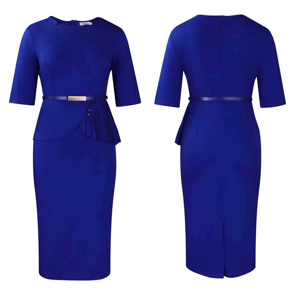 Women Square Neck Bodycon Midi Dress Belted For Work