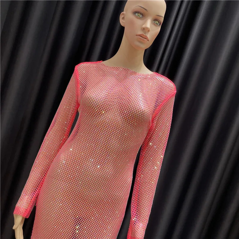 Rhinestone See Through Club Dress With Fishnet Details