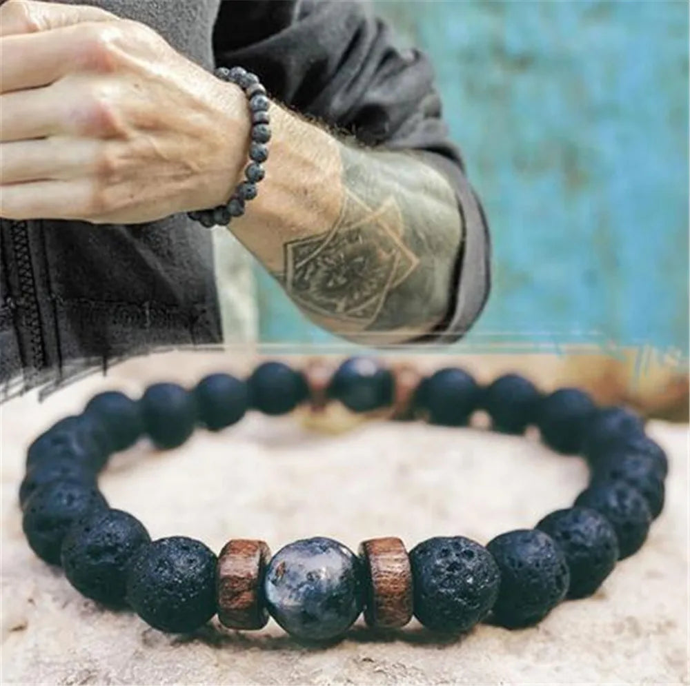 Volcanic Stone Lava Bead Bracelet for Men and Women with Tibetan Buddha Charm - Unique Natural Jewelry Gift