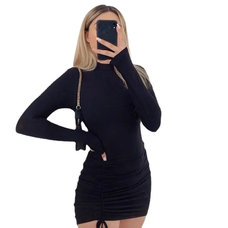 Black Bodycon Mini Dress With Drawstring Ruched Long Sleeve