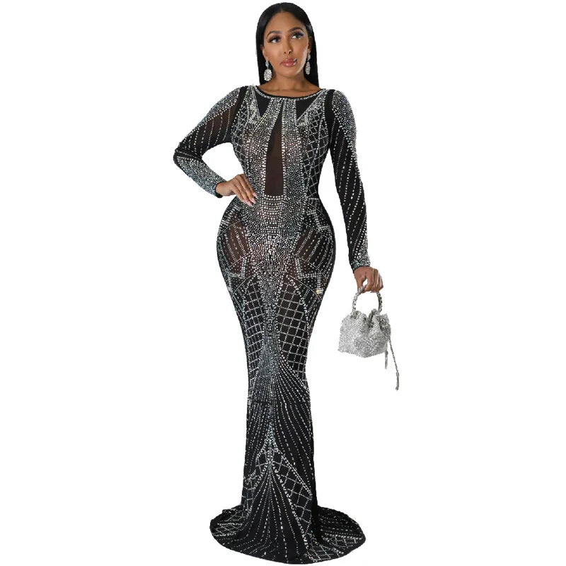 Sexy Mesh Diamond Embellished Maxi Dress for Evening Party