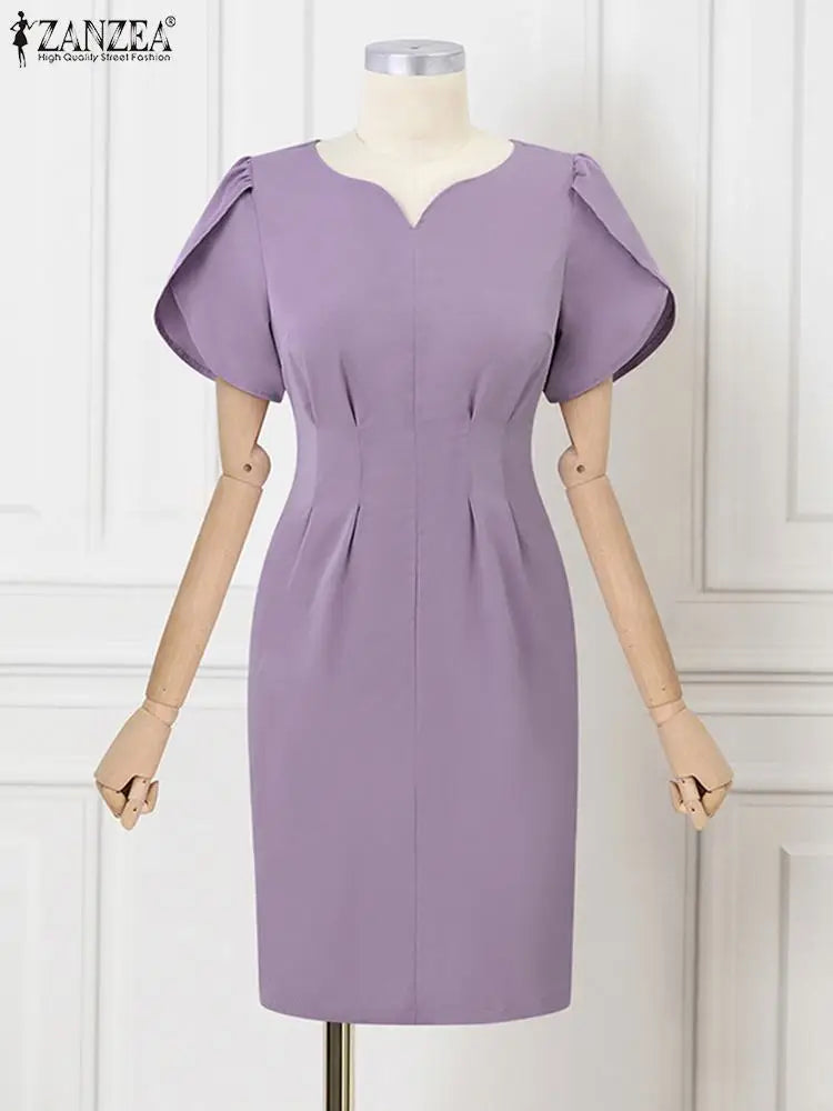 Solid Color Midi Dress With V Neck For Office Women