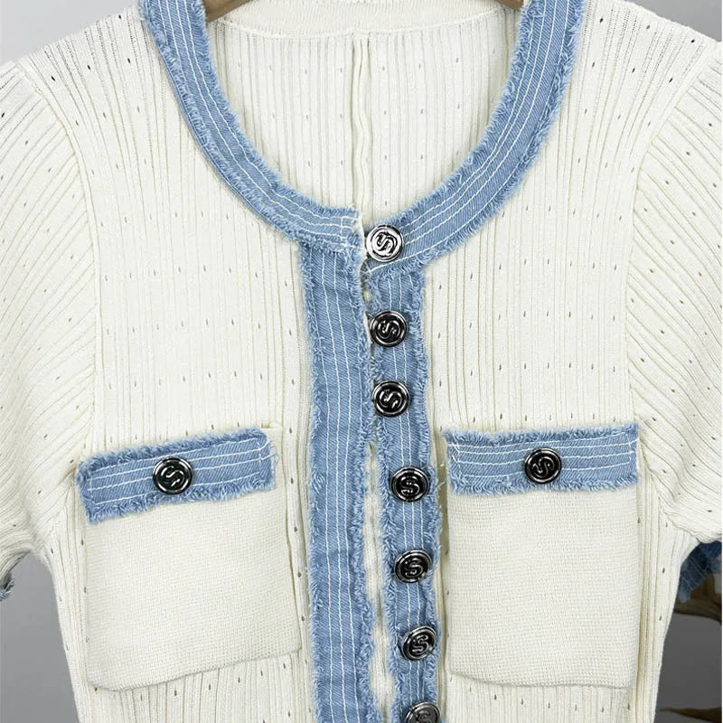 Elegant Denim Patchwork Knitted Long Dress With Pockets