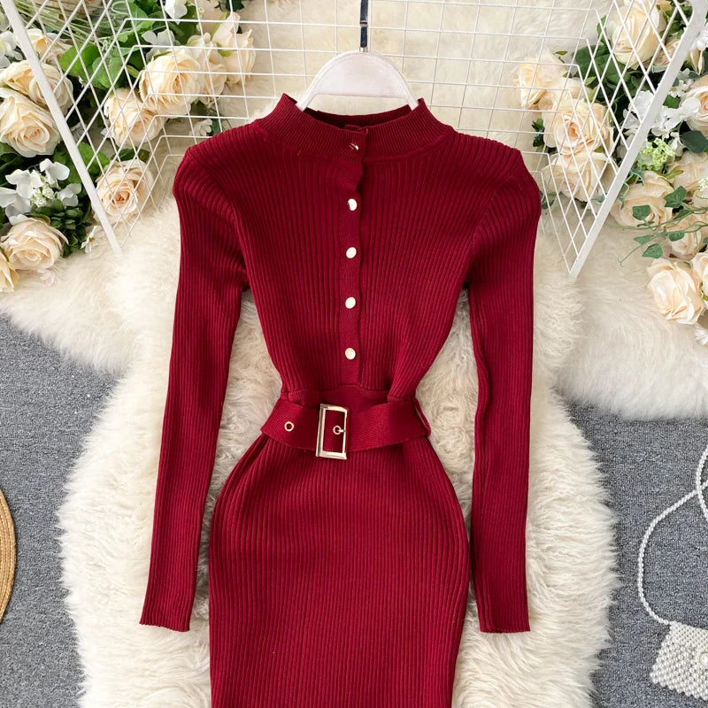 Womens Winter Knitted Dress Stand Collar With Sash Belt