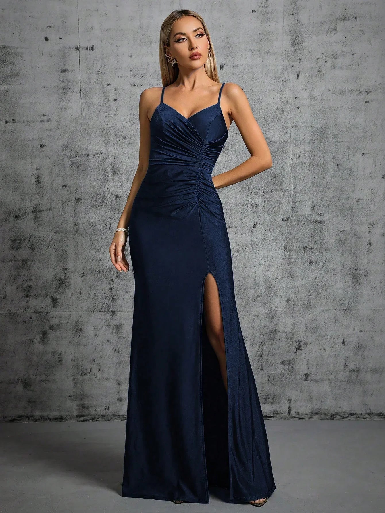 Halter Pleated Fishtail Evening Gown With Irregular Slit