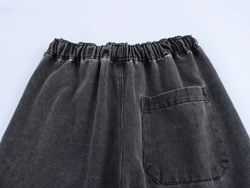 Casual Open Collar Denim Top with Pocket and Loose Wide Leg Drawstring Waist Denim Pants Two Piece Set for Women