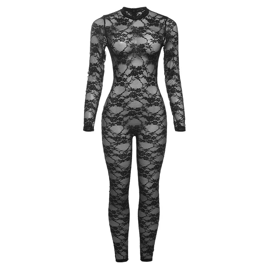 Sexy Zip Front Skinny Jumpsuit for Women Stretch Long Sleeve O-Neck Elastic Clubwear Thin Workout Overalls