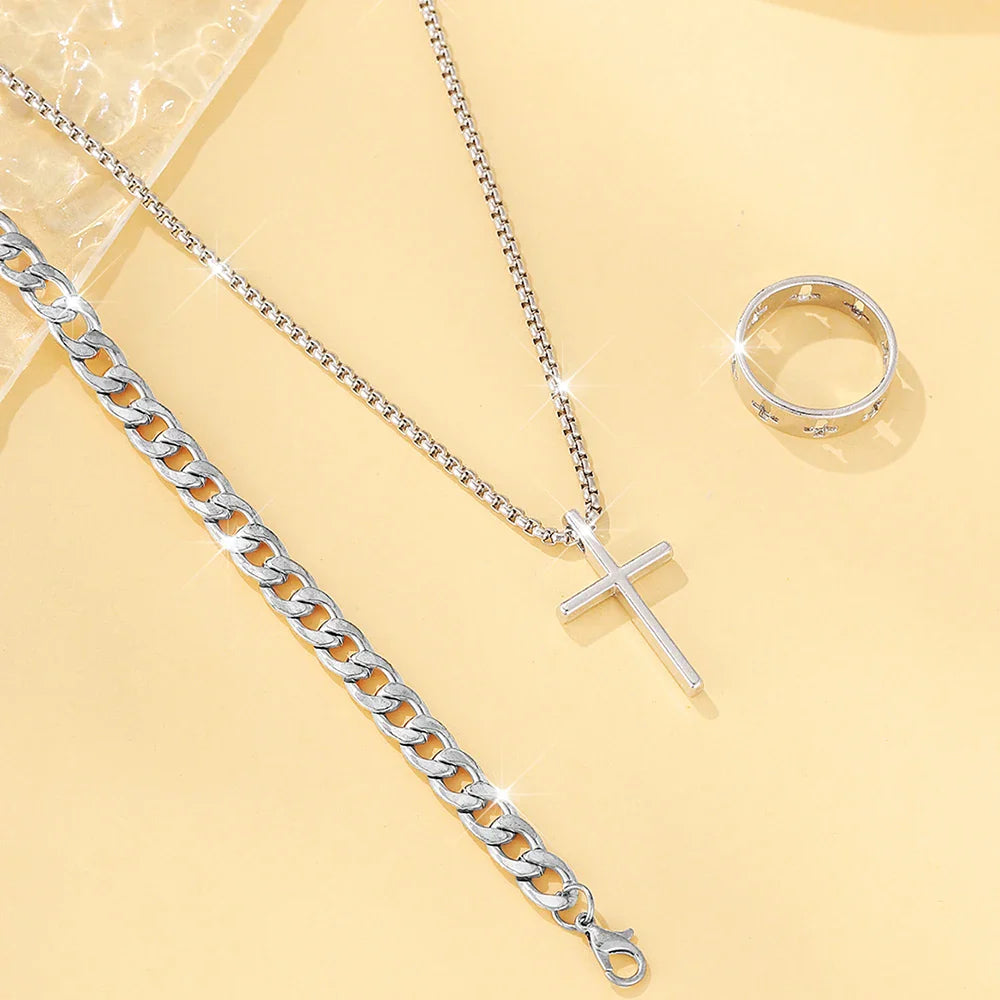 Men's Hip Hop Stainless Steel Cross Pendant Necklace Bracelet Ring Set