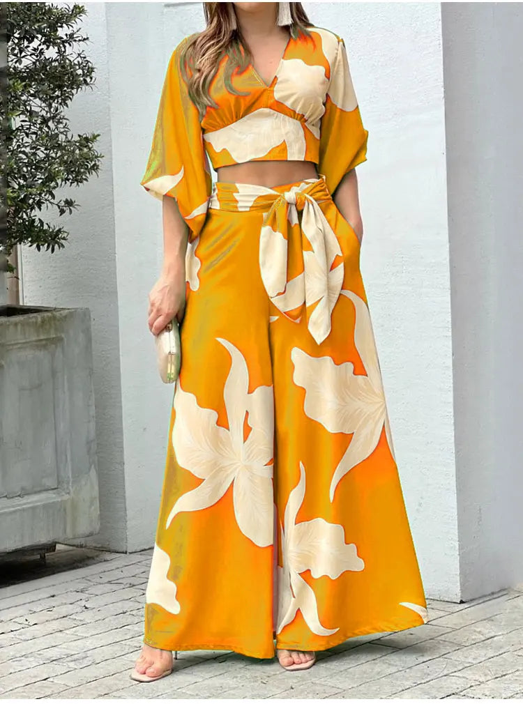 Casual Women's Two Piece Set Autumn V Neck Crop Top and High Waist Wide Leg Pants Outfit