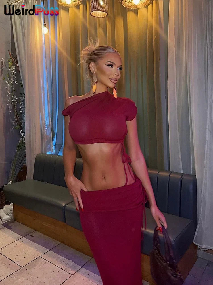 Weird Puss Skew Collar Elegant Women Two Piece Set Stretch Short Sleeve Crop Top and Bandage Maxi Skirt Matching Outfit