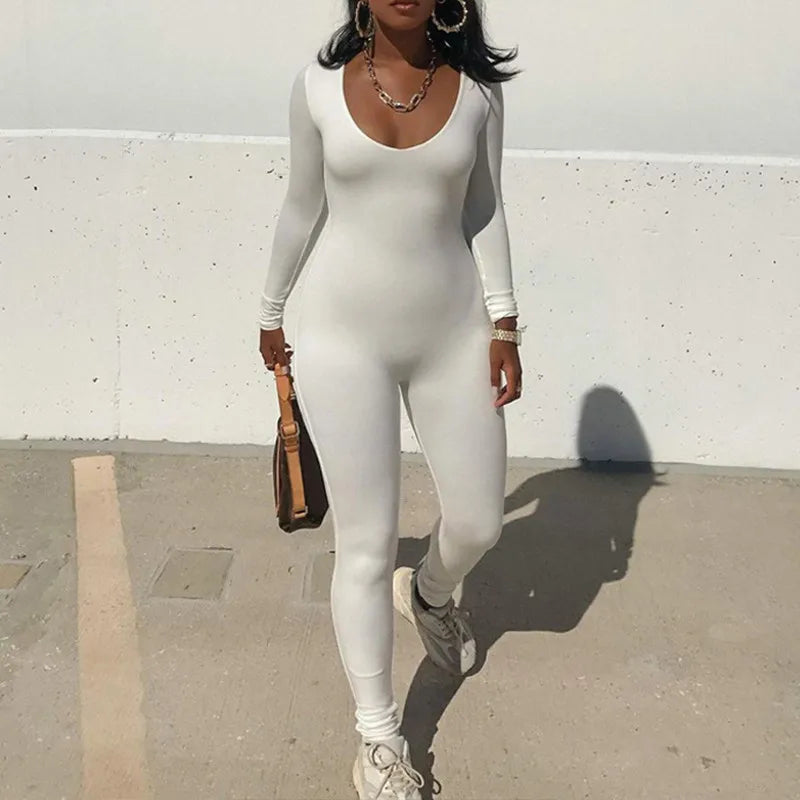 Women's Black Long Sleeve Bodycon Jumpsuit Slim Fit Sexy Solid Romper Casual Sporty Skinny Streetwear for Autumn Winter