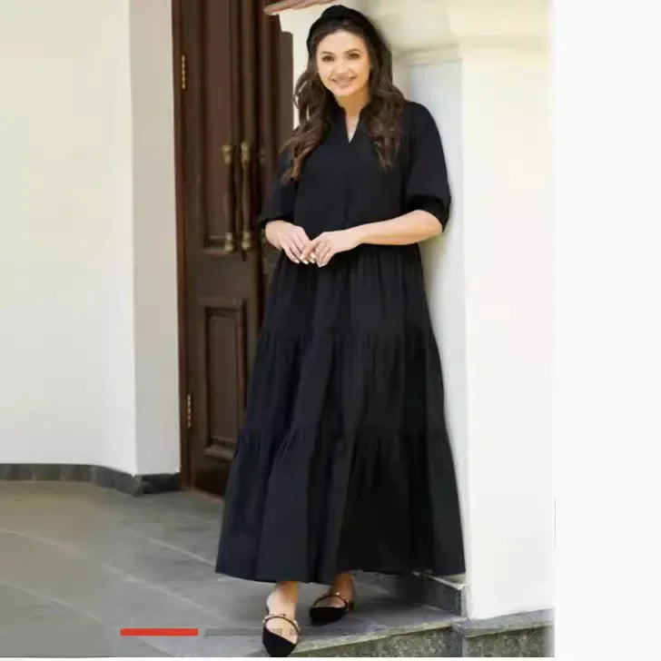 Summer Dress Solid Color Loose Fit Women Half Sleeves