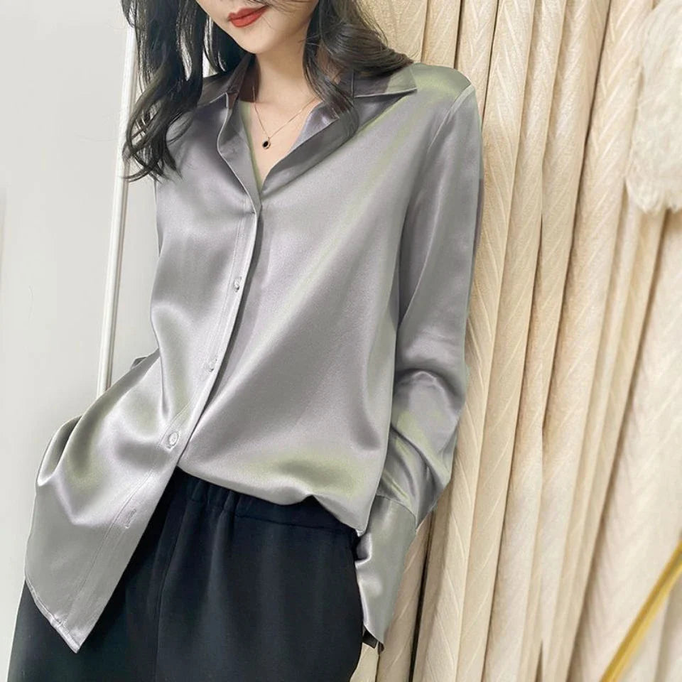 Elegant Satin Long Sleeve Shirt for Women Slim Fit Casual Office Blouse with Transparent Buttons