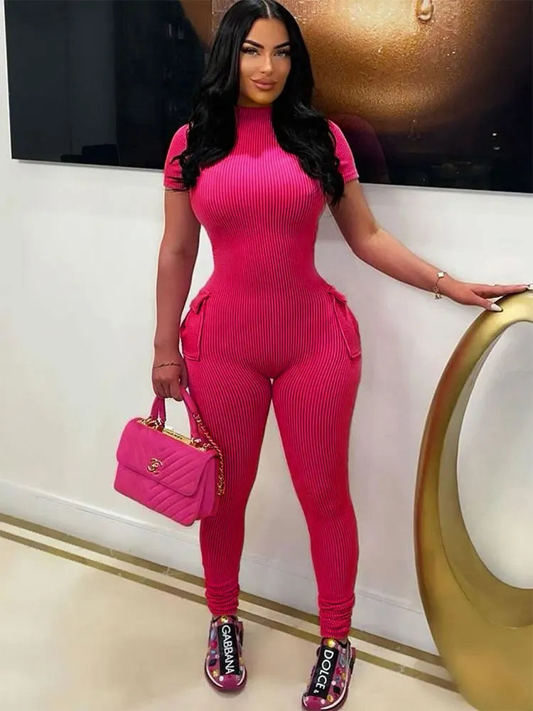 Sexy Sweet Pink Hollow Out Jumpsuit for Women Short Sleeve Elegant Romper with Pockets Casual Streetwear Spring Fashion