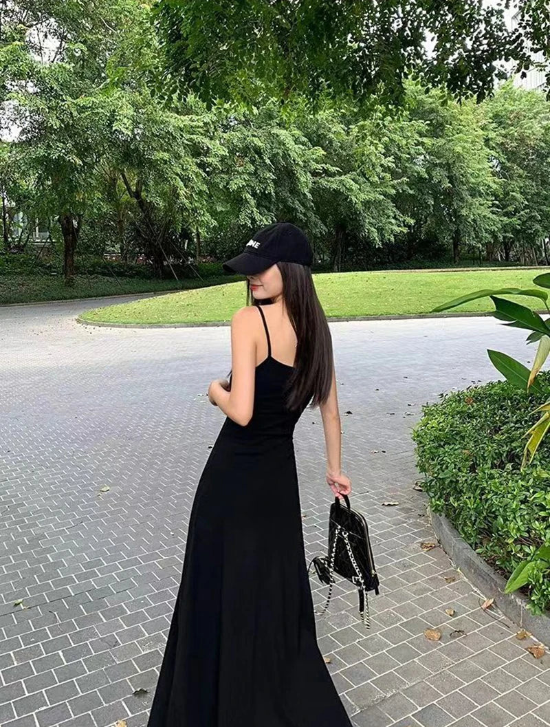 Black Backless Spaghetti Strap Dress Women Elegant Slim