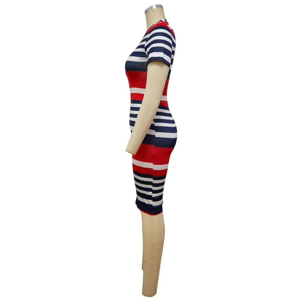 Summer Leaf Striped Print Bodycon Dress Knee Length