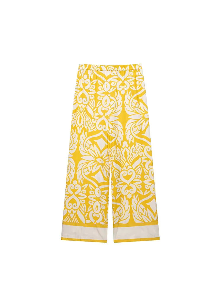 Women Summer Vintage Print Two-Piece Set with Loose Shirt and Trousers for Elegant Street Style