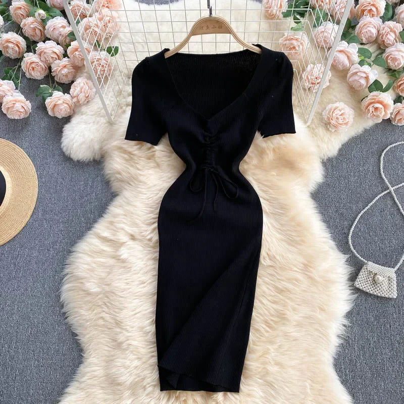 Korean Knit Bodycon Dress V Neck Drawstring Short Sleeves