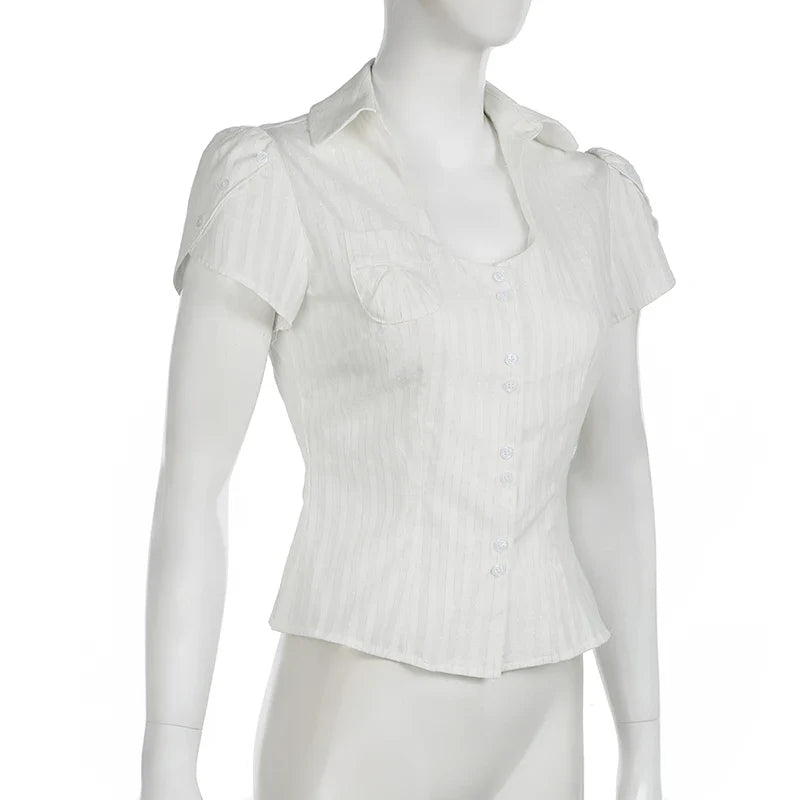 Slim Striped Blouse for Women Casual V-Neck Turn-Down Collar Short Puff Sleeve Summer Shirt