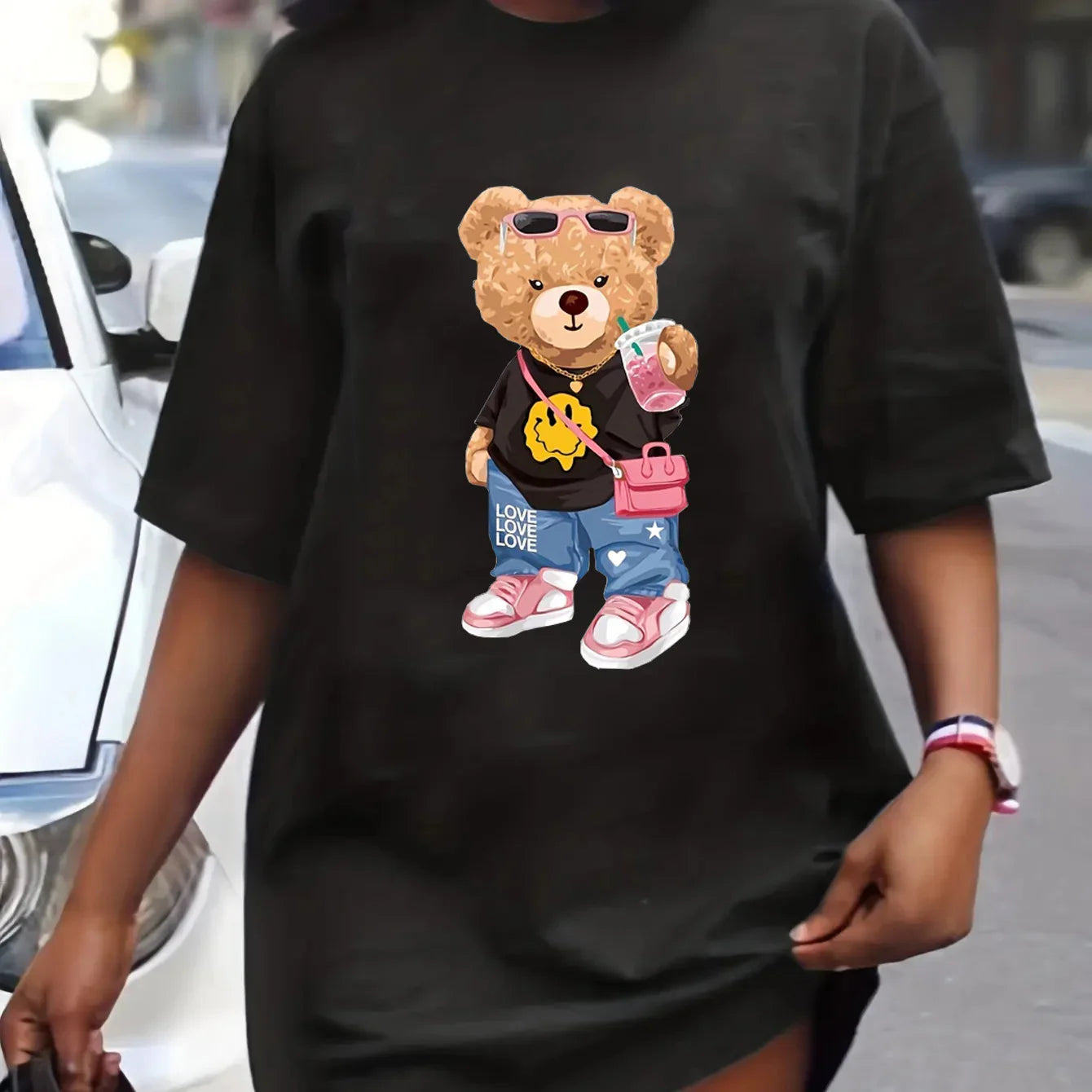 Women's Summer Bear Print T Shirt Dress Oversized Round Neck
