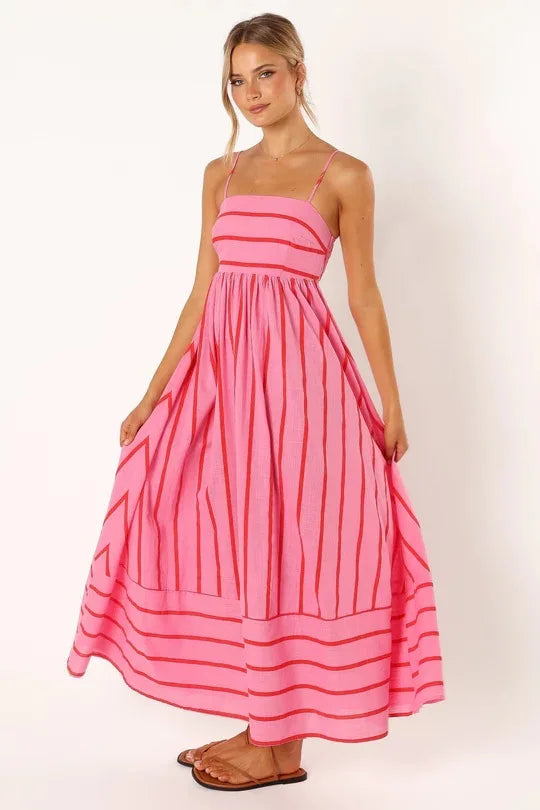 Bohemian Striped Maxi Dress With Hanging Straps For Women