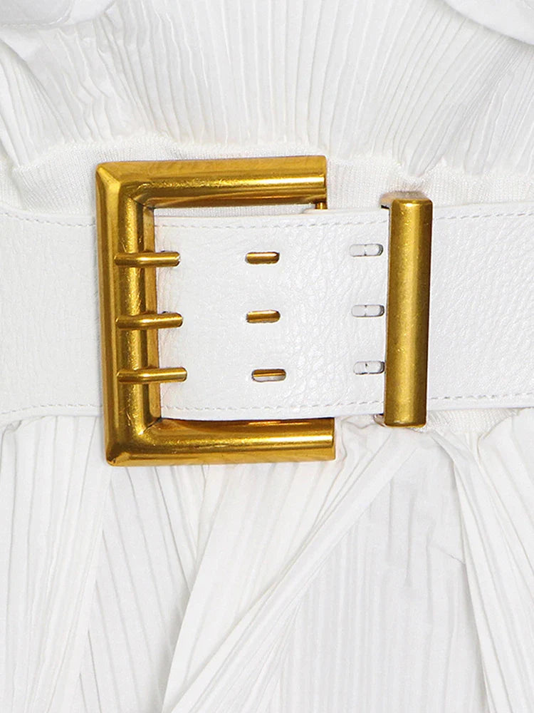 Solid Patchwork Belt Minimalist Women's Shirt Stand Collar Long Sleeve Tunic Spliced Ruffle Casual Blouse