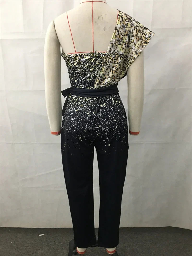 Women's One Shoulder Backless Sequined Jumpsuit Slim Fit Stretch Lace-Up High Waist Romper with Back Zipper