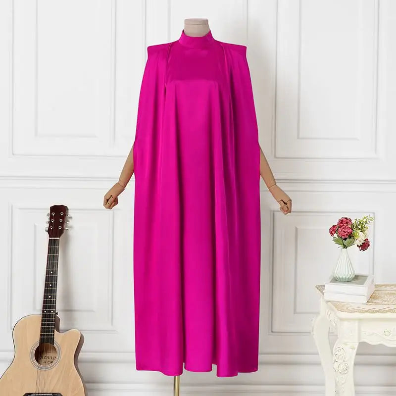 Satin Pleated Evening Dress With Stand Collar Long Sleeve