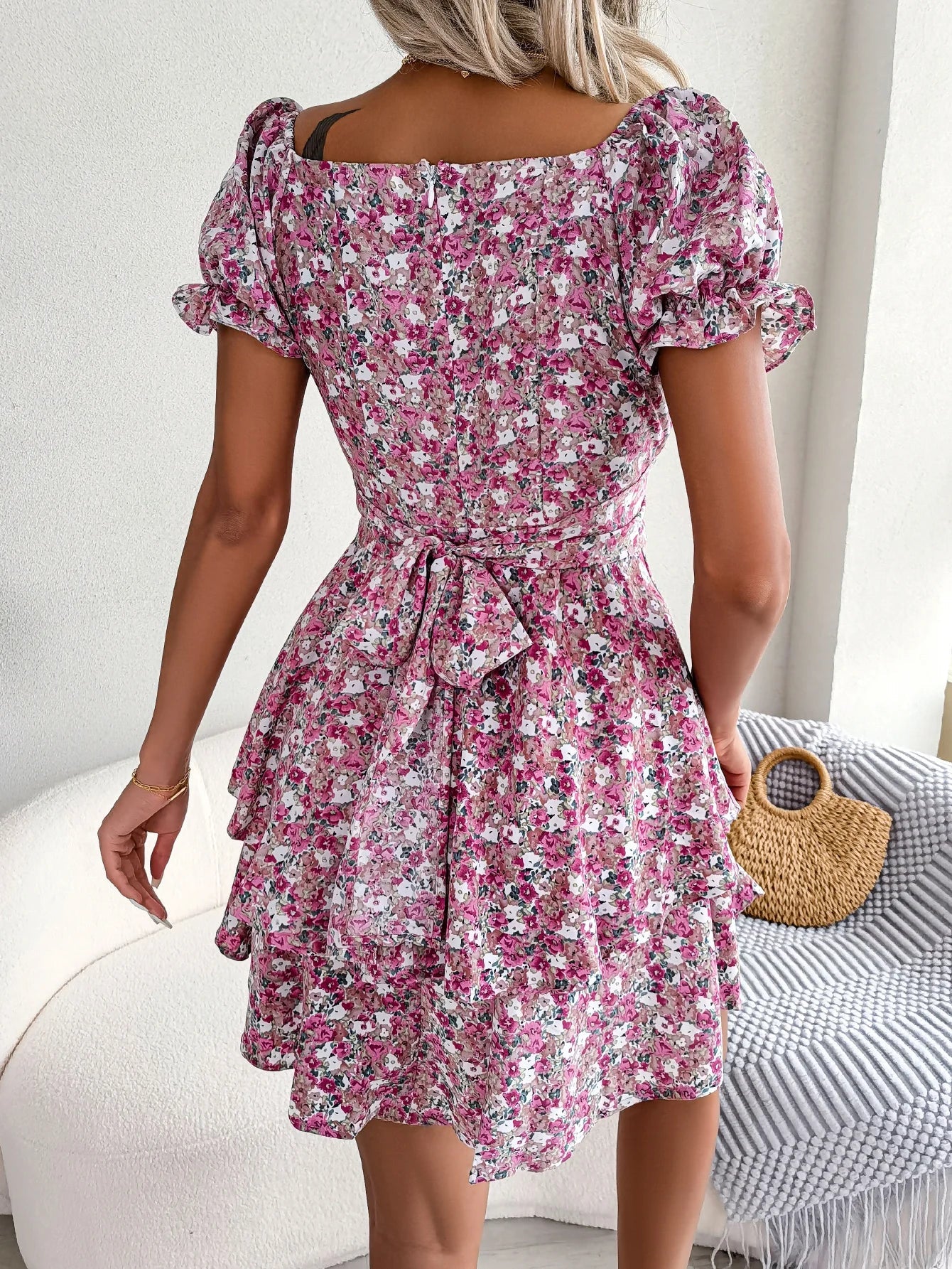Floral Print Pleated Dress For Women Knee Length Summer