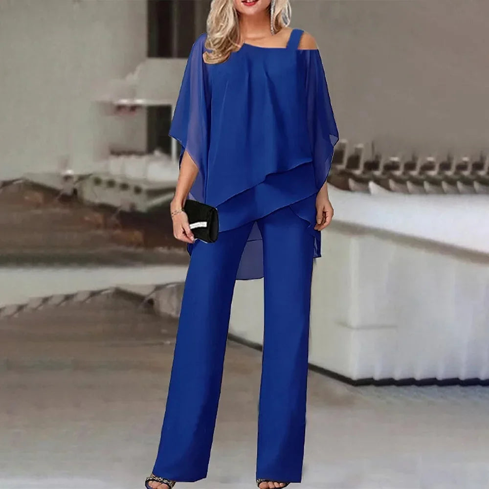 Fashionable Women's Two Piece Set with Bat Sleeve Top and Wide Leg Pants for Casual Parties