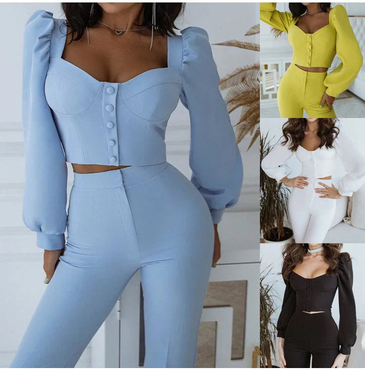 Solid Color Casual Two Piece Set with V-neck Button Lantern Sleeve Top and High Waist Flare Pants for Women