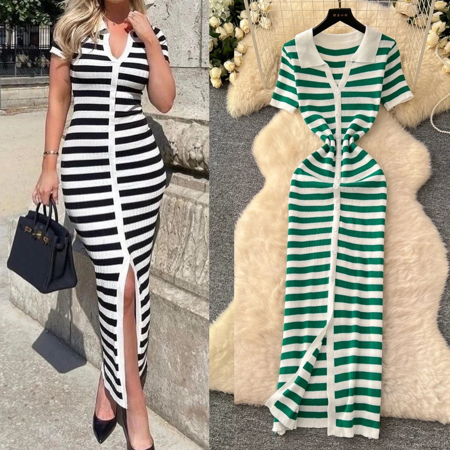 Women Striped Knitted Bodycon Maxi Dress for Summer
