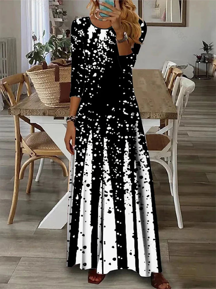 Womens Loose Maxi Dress Round Neck Long Sleeve Dot Pattern