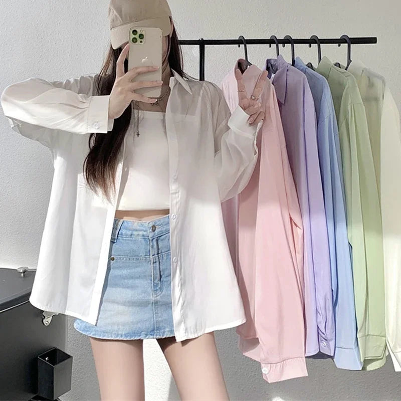 Silky Oversize Button Down Shirt for Women Long Sleeve Boyfriend Blouse Lightweight Summer Cover Up Casual Teen Girl Outfit