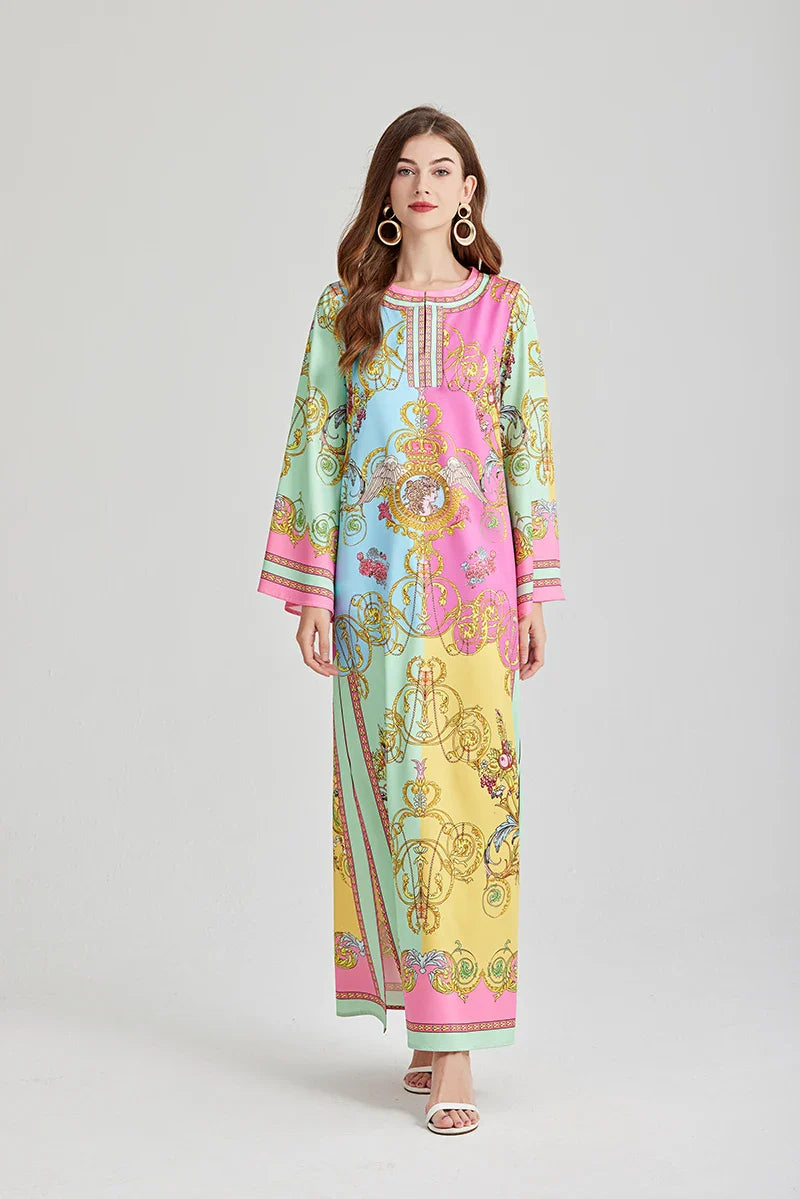 Bohemian Maxi Dress Floral Print Long Sleeve O Neck