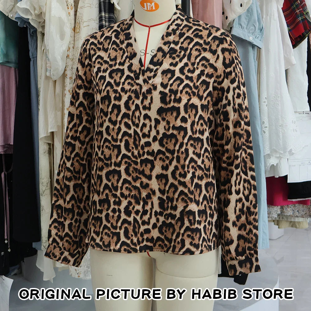 Elegant Satin Leopard Print Button Up Shirt for Women Vintage Silk-Like Blouse Long Sleeve Office Top