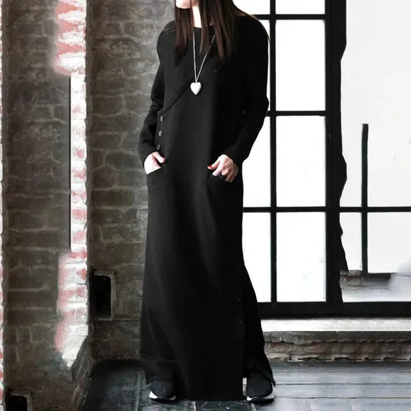 Women Winter Warm Maxi Dress With Fleece Lining Long Sleeve