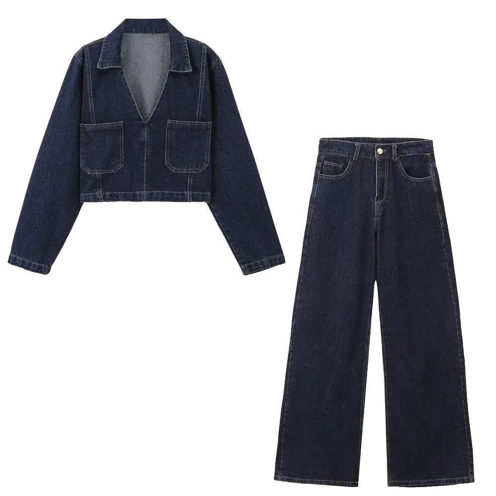 Autumn Women's Fashion Casual Denim Shirt with Collar and Long Sleeves Paired with High Waist Wide Leg Jeans Set