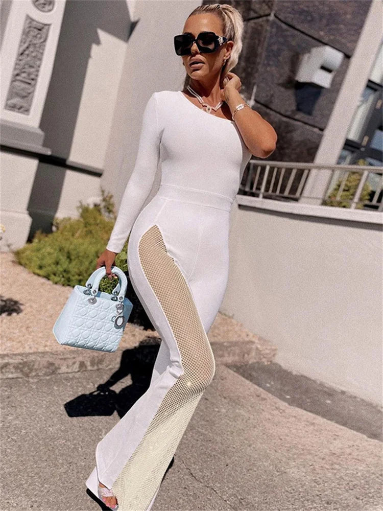 Mesh Patchwork One Sleeve Jumpsuit for Women Hipster Incline Shoulder Sheath Flare Overalls Autumn Streetwear